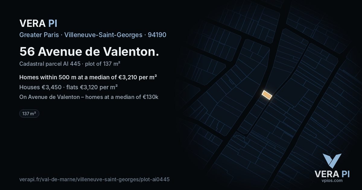 56 Avenue de Valenton, Villeneuve-Saint-Georges at night – the plot lit, the parcels around coloured by the prices near them