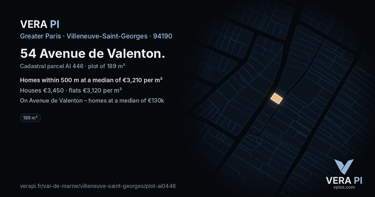 54 Avenue de Valenton, Villeneuve-Saint-Georges at night – the plot lit, the parcels around coloured by the prices near them