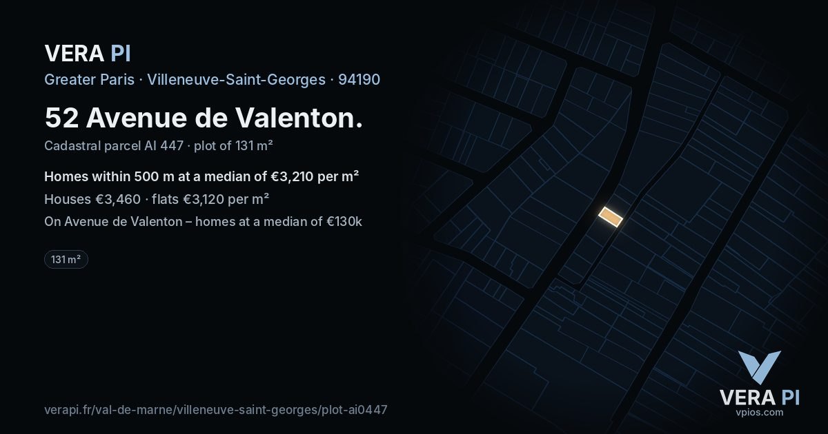 52 Avenue de Valenton, Villeneuve-Saint-Georges at night – the plot lit, the parcels around coloured by the prices near them