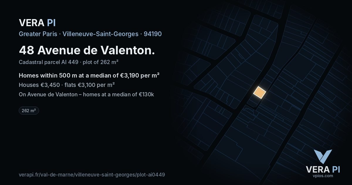 48 Avenue de Valenton, Villeneuve-Saint-Georges at night – the plot lit, the parcels around coloured by the prices near them