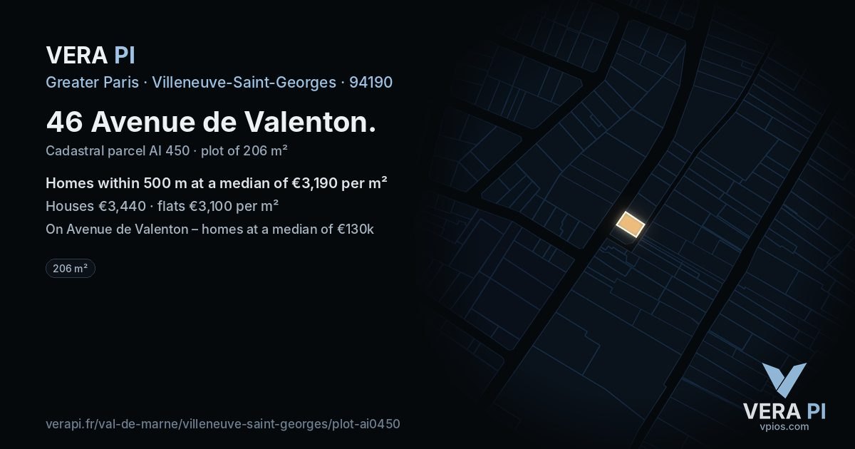 46 Avenue de Valenton, Villeneuve-Saint-Georges at night – the plot lit, the parcels around coloured by the prices near them