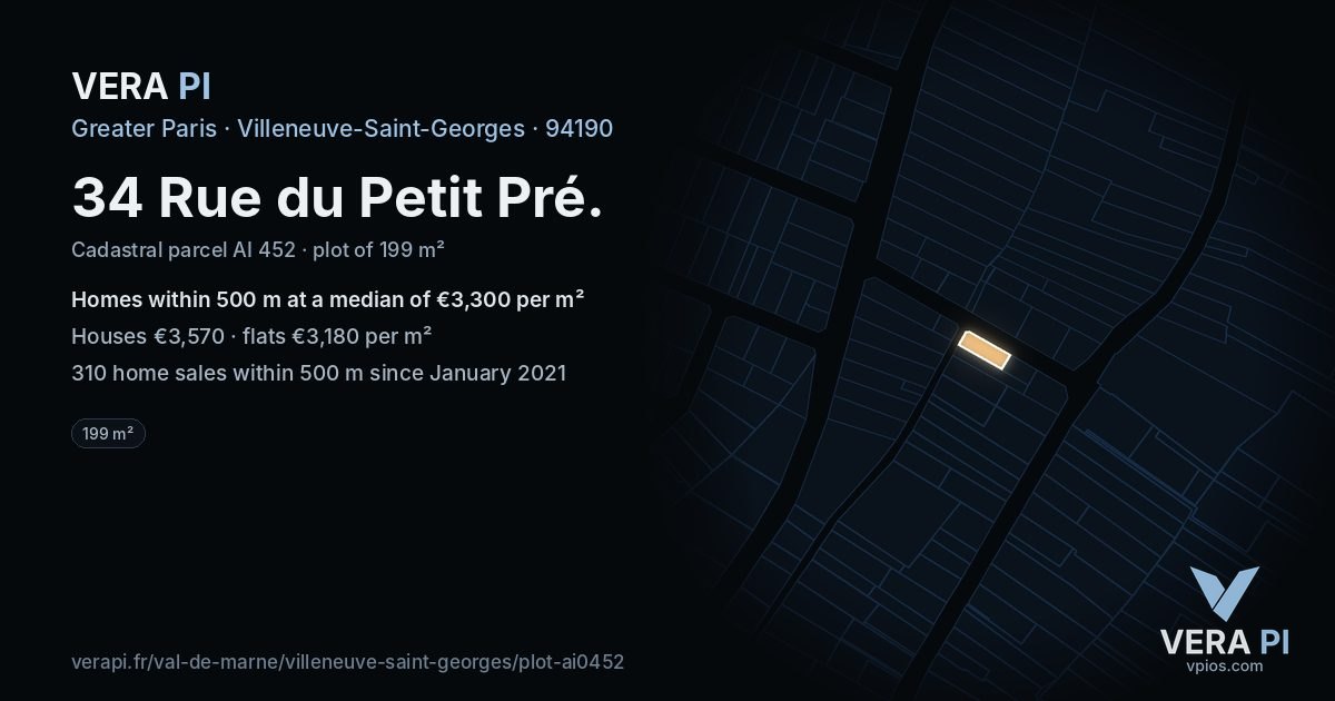 34 Rue du Petit Pré, Villeneuve-Saint-Georges at night – the plot lit, the parcels around coloured by the prices near them