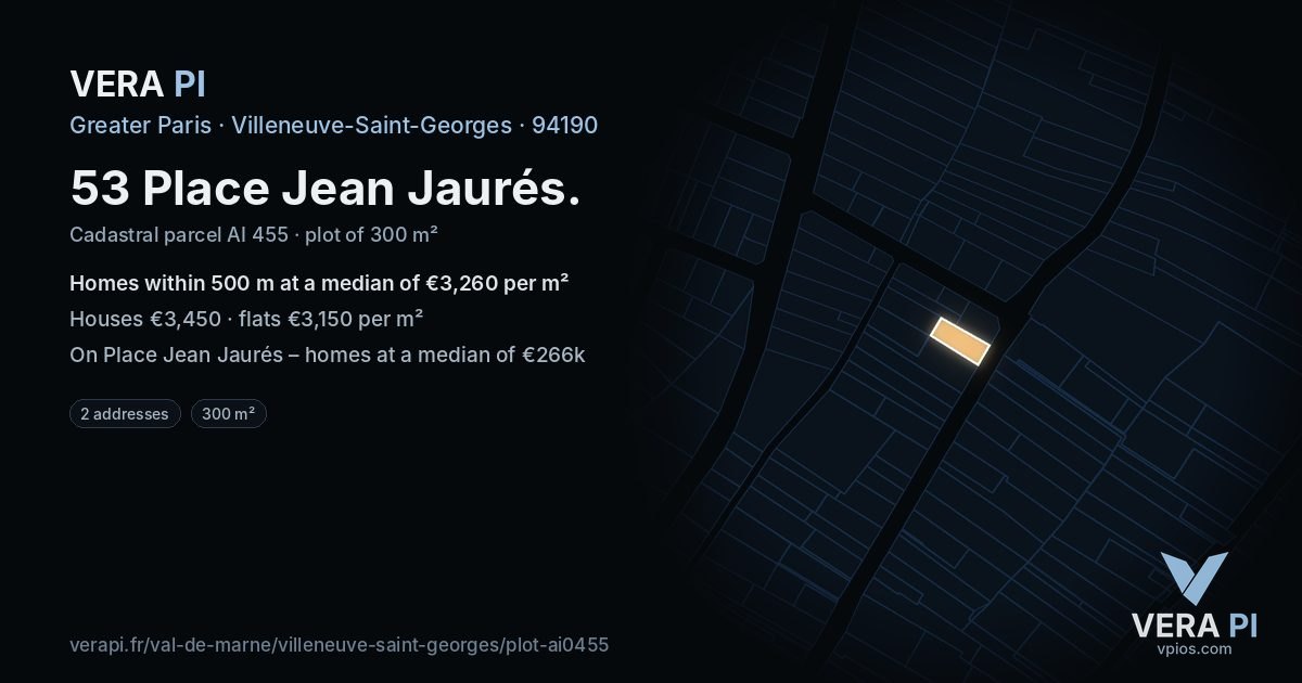 53 Place Jean Jaurés, Villeneuve-Saint-Georges at night – the plot lit, the parcels around coloured by the prices near them