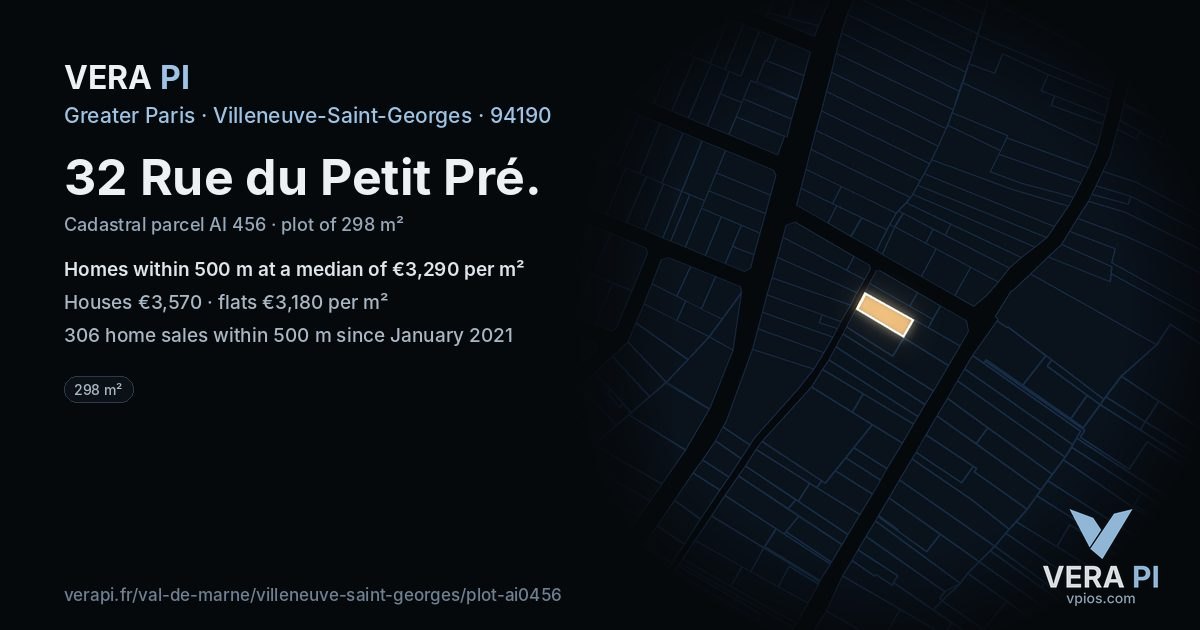 32 Rue du Petit Pré, Villeneuve-Saint-Georges at night – the plot lit, the parcels around coloured by the prices near them