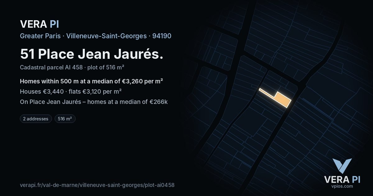 51 Place Jean Jaurés, Villeneuve-Saint-Georges at night – the plot lit, the parcels around coloured by the prices near them