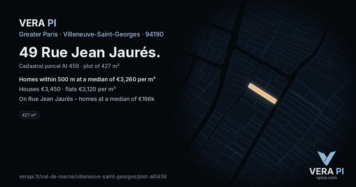 49 Rue Jean Jaurés, Villeneuve-Saint-Georges at night – the plot lit, the parcels around coloured by the prices near them