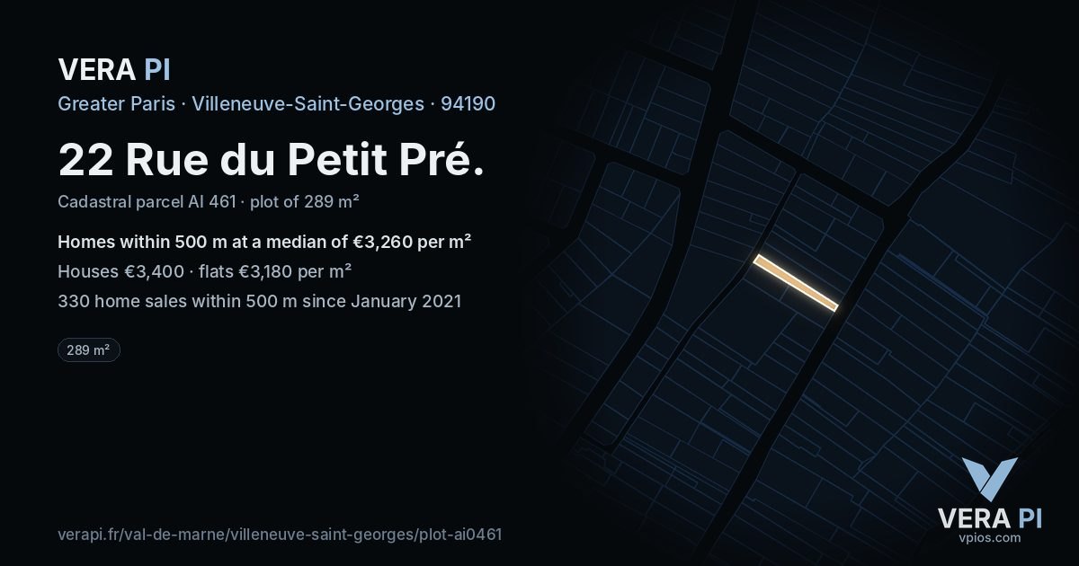 22 Rue du Petit Pré, Villeneuve-Saint-Georges at night – the plot lit, the parcels around coloured by the prices near them