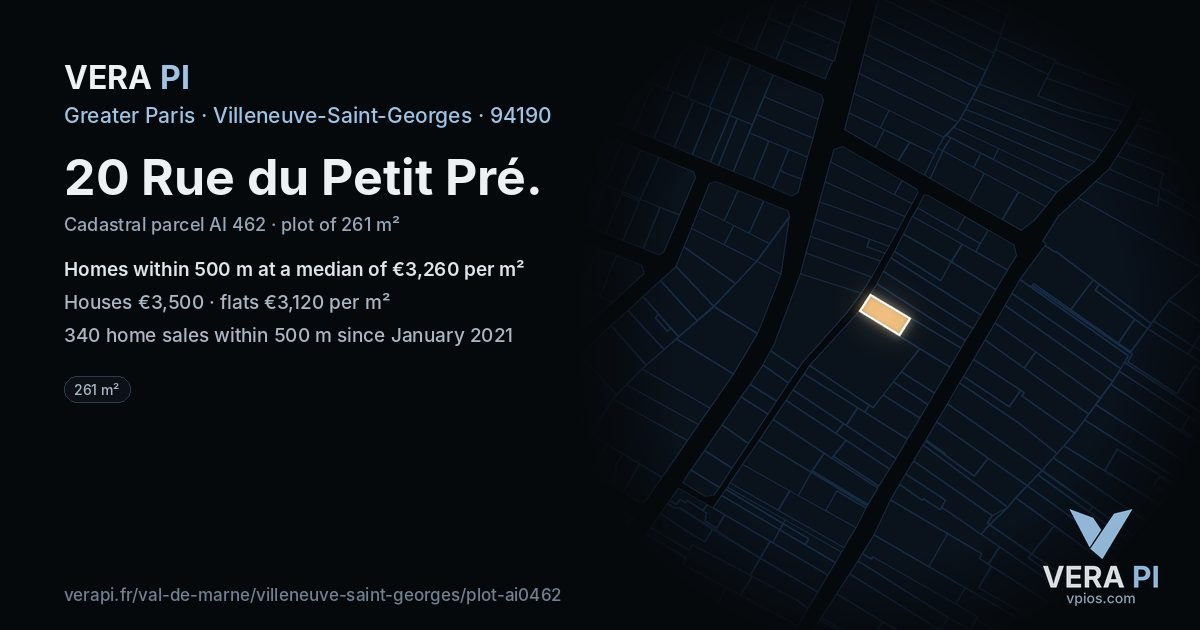 20 Rue du Petit Pré, Villeneuve-Saint-Georges at night – the plot lit, the parcels around coloured by the prices near them