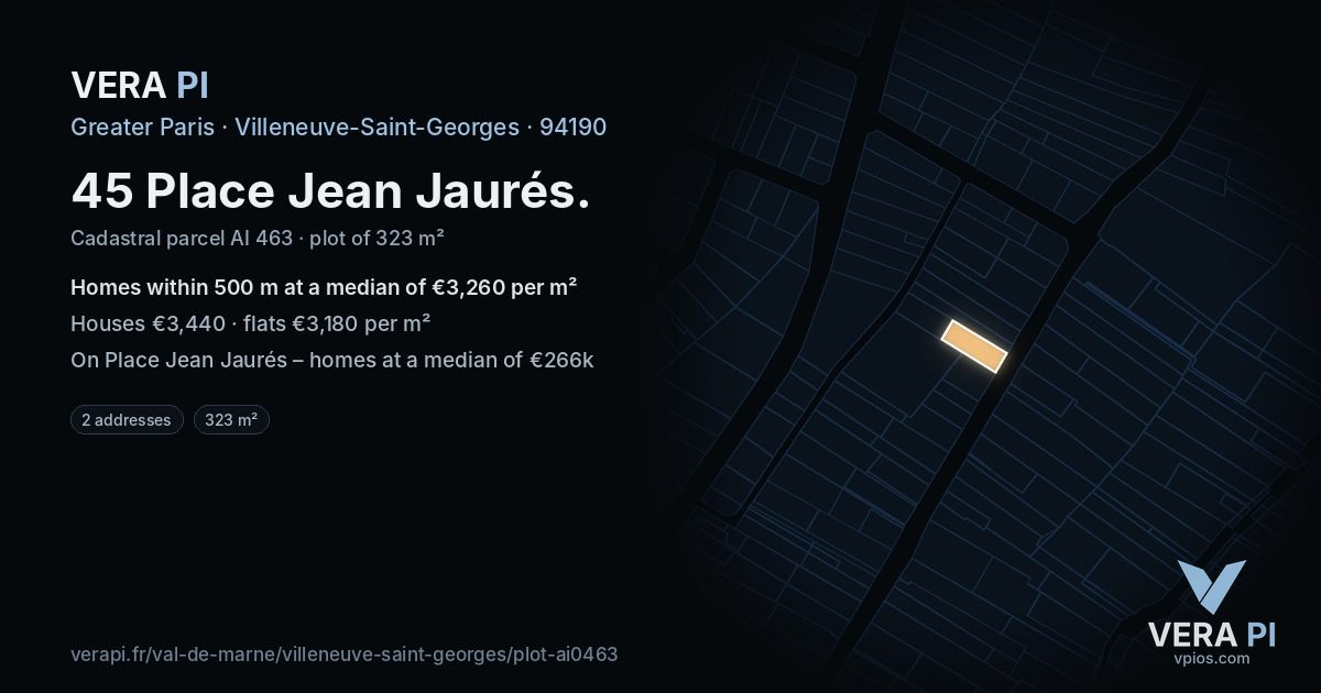 45 Place Jean Jaurés, Villeneuve-Saint-Georges at night – the plot lit, the parcels around coloured by the prices near them