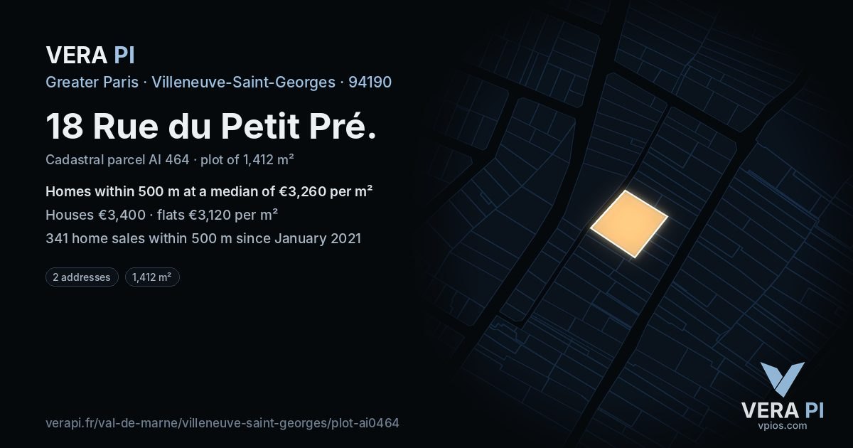 18 Rue du Petit Pré, Villeneuve-Saint-Georges at night – the plot lit, the parcels around coloured by the prices near them
