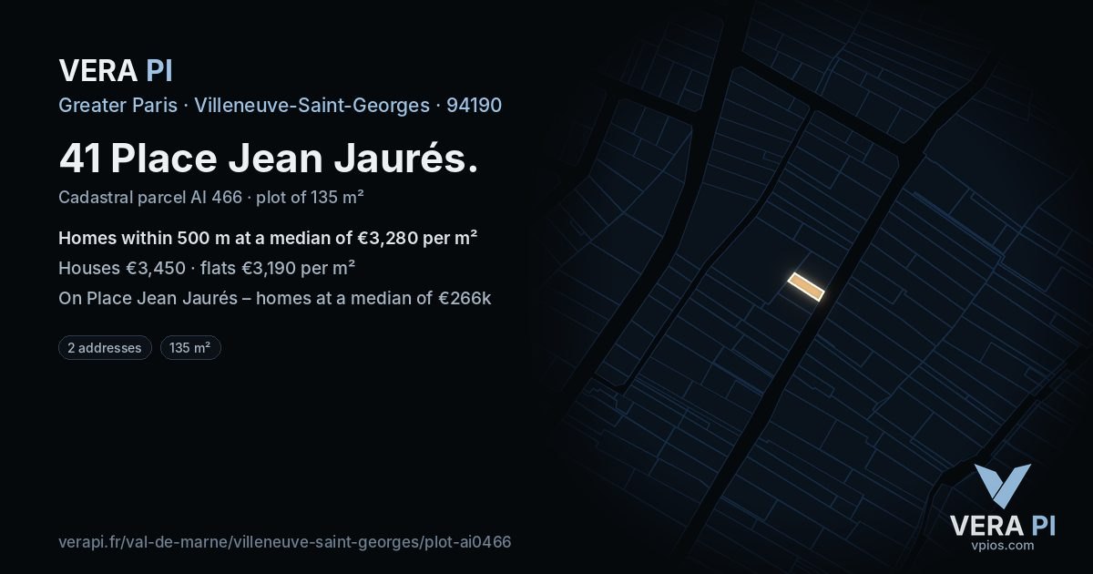 41 Place Jean Jaurés, Villeneuve-Saint-Georges at night – the plot lit, the parcels around coloured by the prices near them