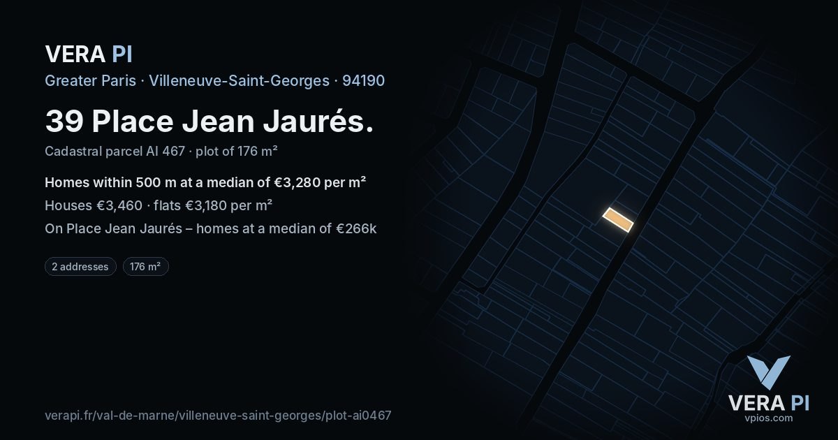 39 Place Jean Jaurés, Villeneuve-Saint-Georges at night – the plot lit, the parcels around coloured by the prices near them