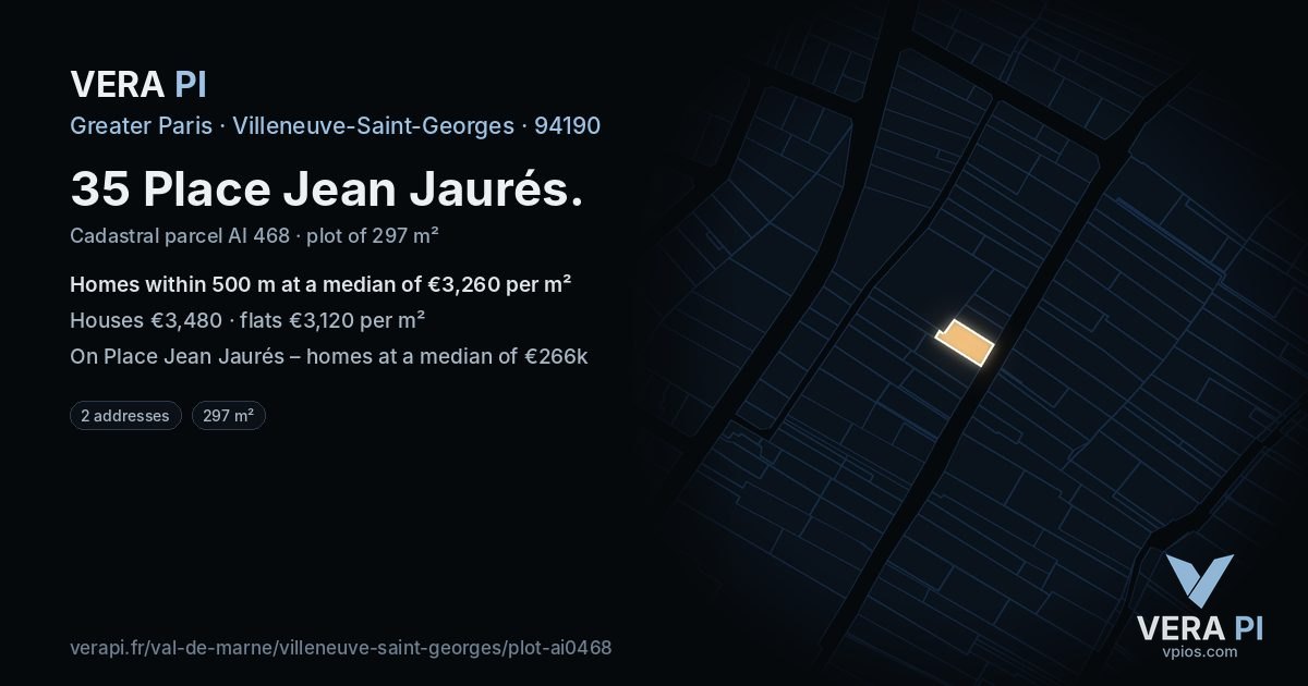 35 Place Jean Jaurés, Villeneuve-Saint-Georges at night – the plot lit, the parcels around coloured by the prices near them