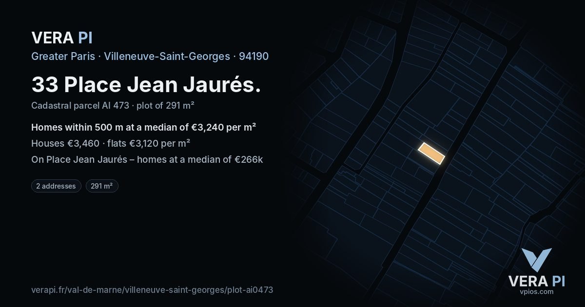 33 Place Jean Jaurés, Villeneuve-Saint-Georges at night – the plot lit, the parcels around coloured by the prices near them