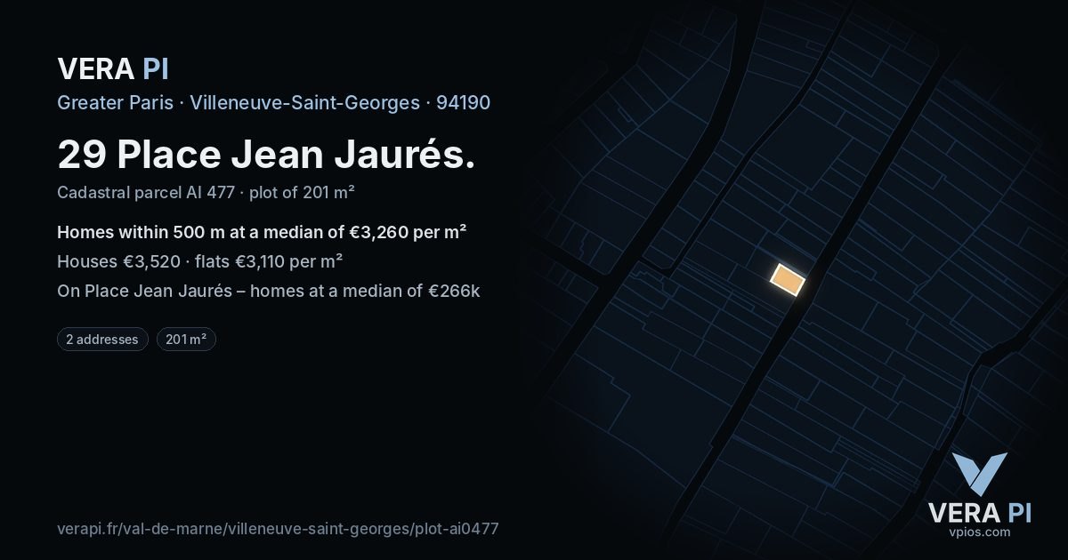 29 Place Jean Jaurés, Villeneuve-Saint-Georges at night – the plot lit, the parcels around coloured by the prices near them