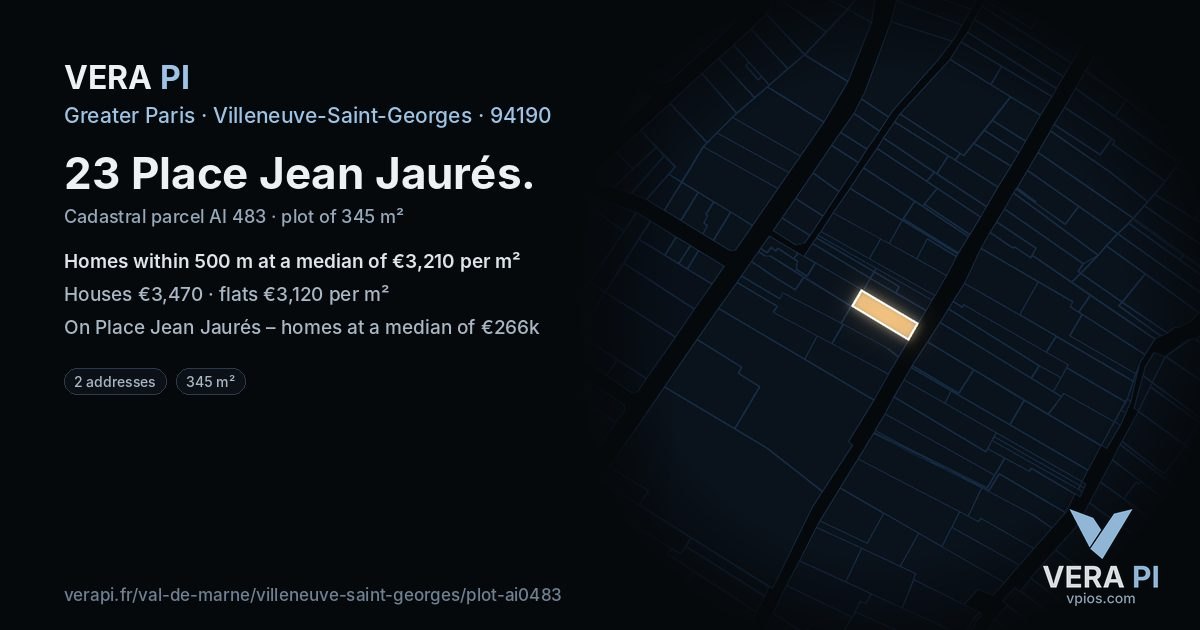 23 Place Jean Jaurés, Villeneuve-Saint-Georges at night – the plot lit, the parcels around coloured by the prices near them