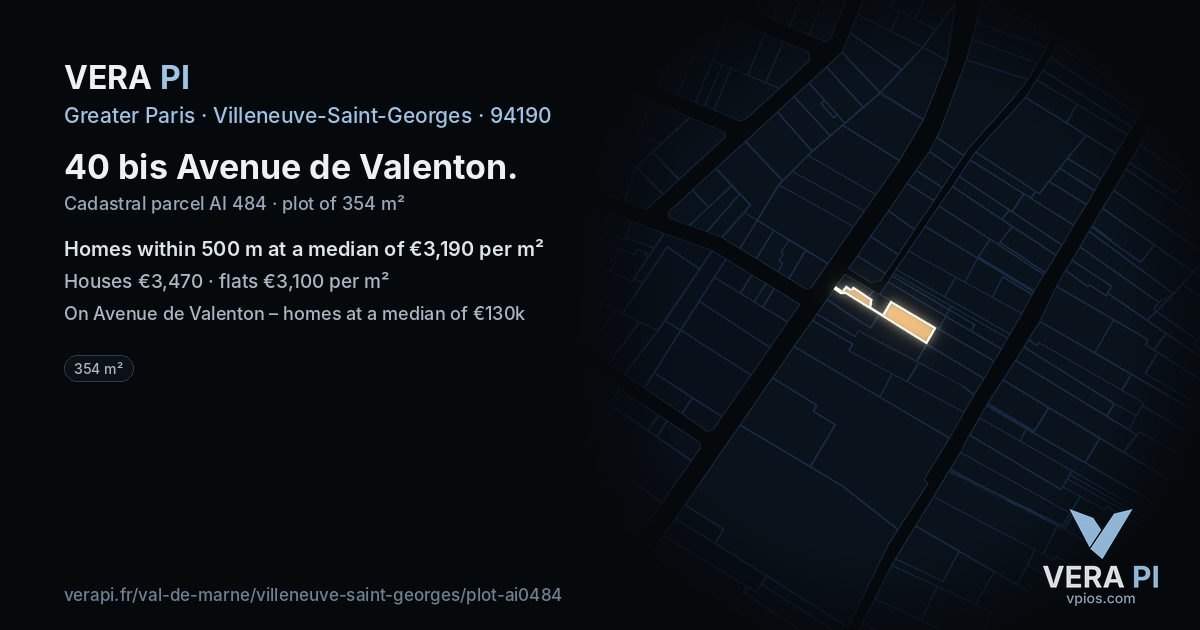 40 bis Avenue de Valenton, Villeneuve-Saint-Georges at night – the plot lit, the parcels around coloured by the prices near them