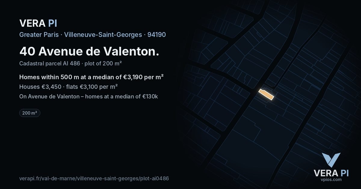 40 Avenue de Valenton, Villeneuve-Saint-Georges at night – the plot lit, the parcels around coloured by the prices near them