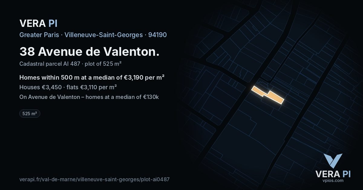 38 Avenue de Valenton, Villeneuve-Saint-Georges at night – the plot lit, the parcels around coloured by the prices near them