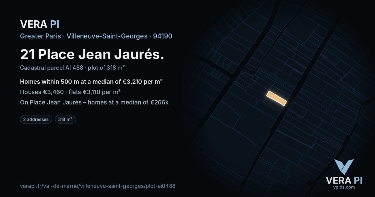 21 Place Jean Jaurés, Villeneuve-Saint-Georges at night – the plot lit, the parcels around coloured by the prices near them