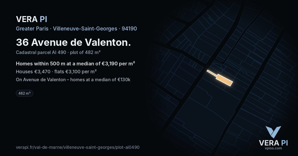 36 Avenue de Valenton, Villeneuve-Saint-Georges at night – the plot lit, the parcels around coloured by the prices near them