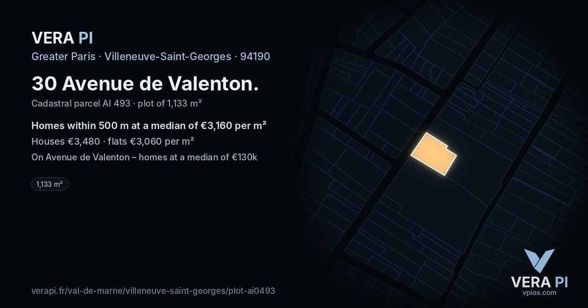 30 Avenue de Valenton, Villeneuve-Saint-Georges at night – the plot lit, the parcels around coloured by the prices near them