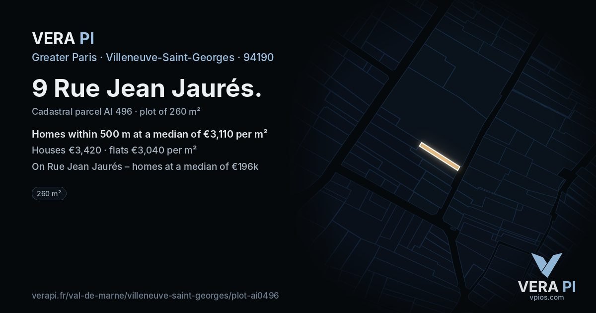 9 Rue Jean Jaurés, Villeneuve-Saint-Georges at night – the plot lit, the parcels around coloured by the prices near them
