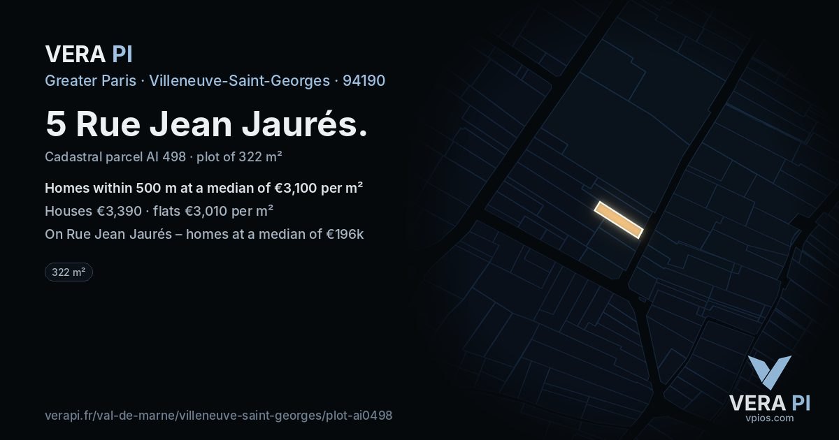 5 Rue Jean Jaurés, Villeneuve-Saint-Georges at night – the plot lit, the parcels around coloured by the prices near them