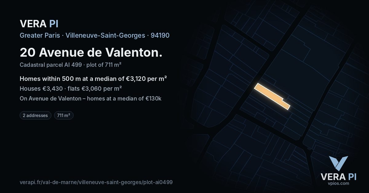 20 Avenue de Valenton, Villeneuve-Saint-Georges at night – the plot lit, the parcels around coloured by the prices near them