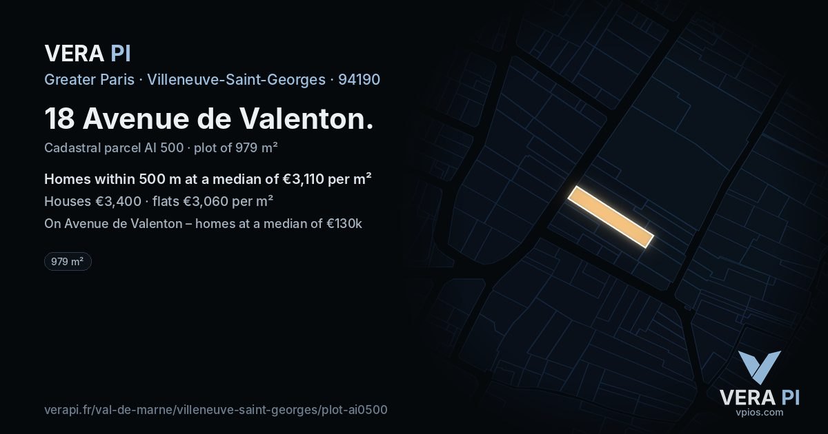 18 Avenue de Valenton, Villeneuve-Saint-Georges at night – the plot lit, the parcels around coloured by the prices near them