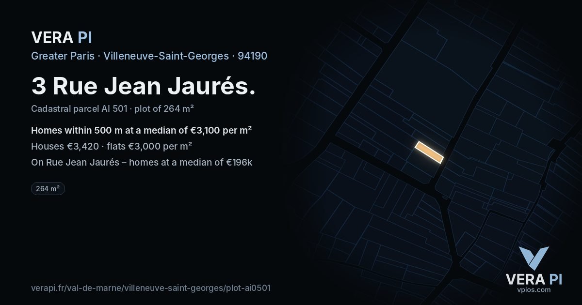 3 Rue Jean Jaurés, Villeneuve-Saint-Georges at night – the plot lit, the parcels around coloured by the prices near them