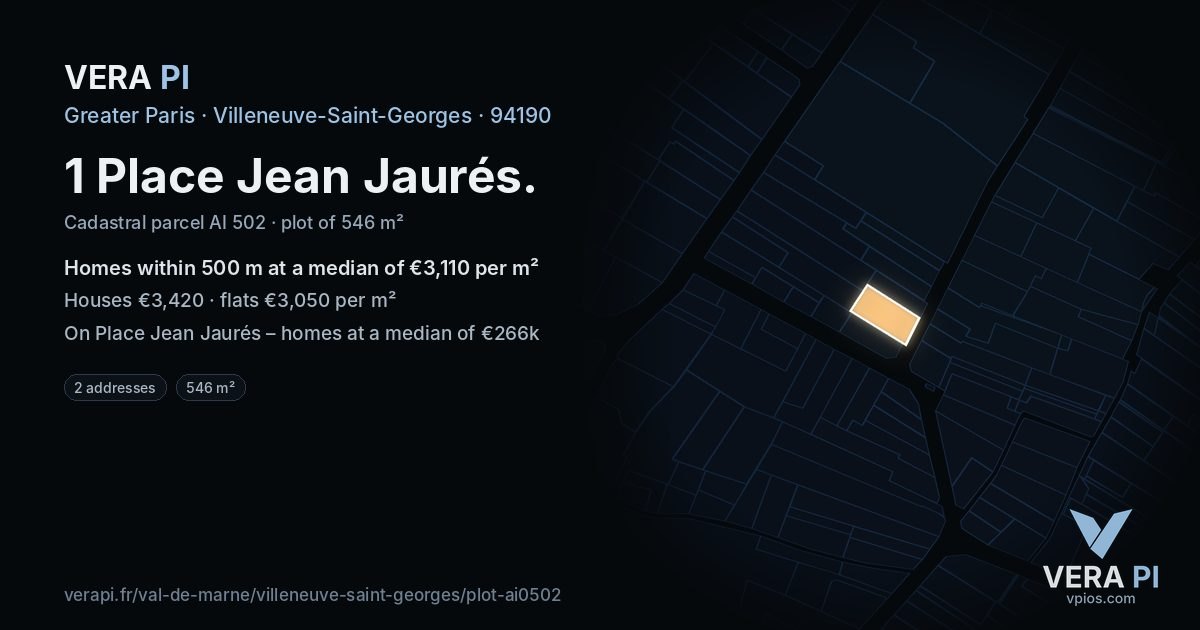 1 Place Jean Jaurés, Villeneuve-Saint-Georges at night – the plot lit, the parcels around coloured by the prices near them