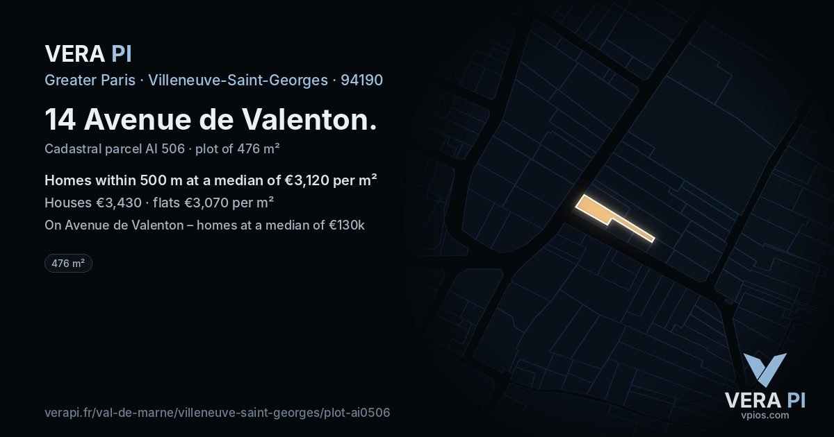 14 Avenue de Valenton, Villeneuve-Saint-Georges at night – the plot lit, the parcels around coloured by the prices near them