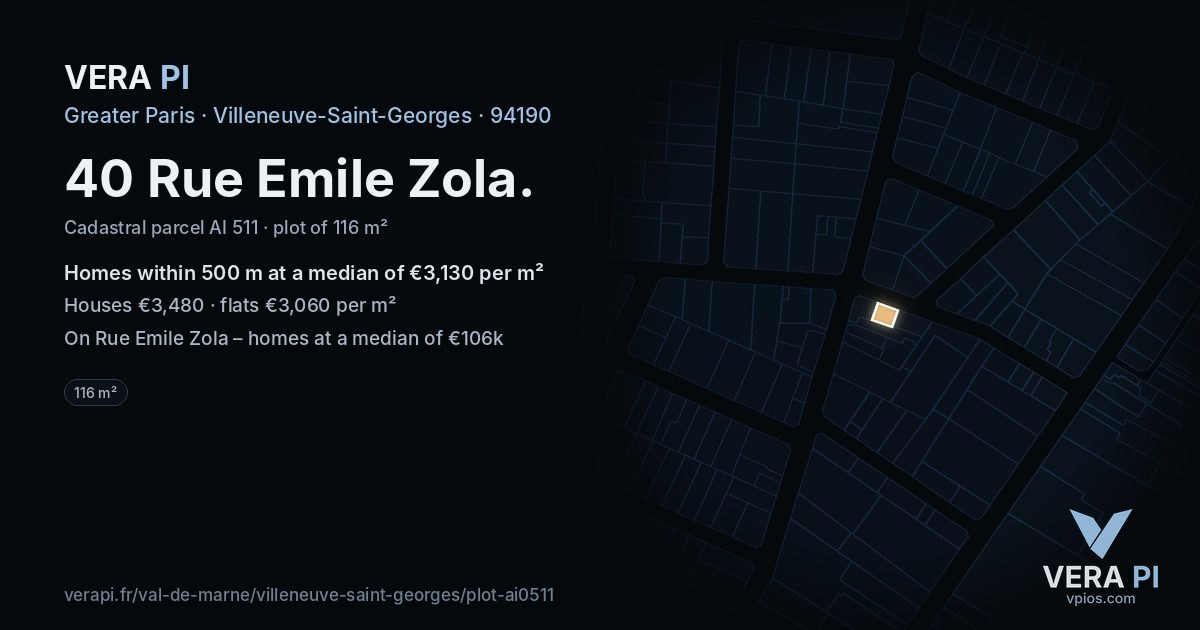 40 Rue Emile Zola, Villeneuve-Saint-Georges at night – the plot lit, the parcels around coloured by the prices near them