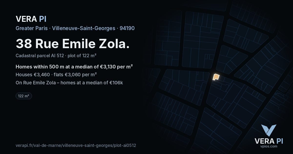 38 Rue Emile Zola, Villeneuve-Saint-Georges at night – the plot lit, the parcels around coloured by the prices near them