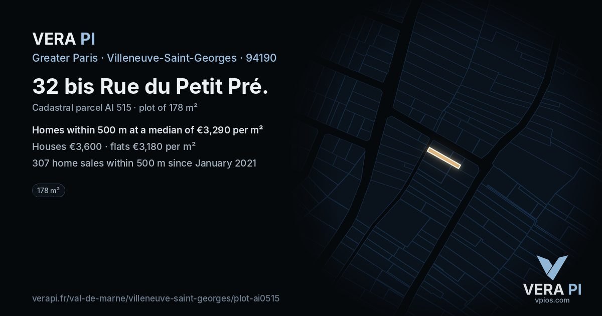 32 bis Rue du Petit Pré, Villeneuve-Saint-Georges at night – the plot lit, the parcels around coloured by the prices near them