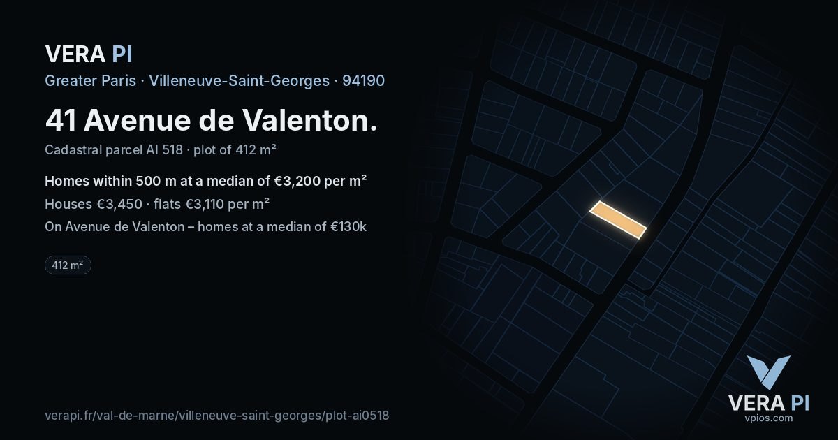 41 Avenue de Valenton, Villeneuve-Saint-Georges at night – the plot lit, the parcels around coloured by the prices near them