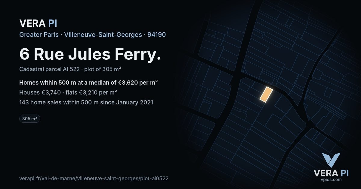 6 Rue Jules Ferry, Villeneuve-Saint-Georges at night – the plot lit, the parcels around coloured by the prices near them