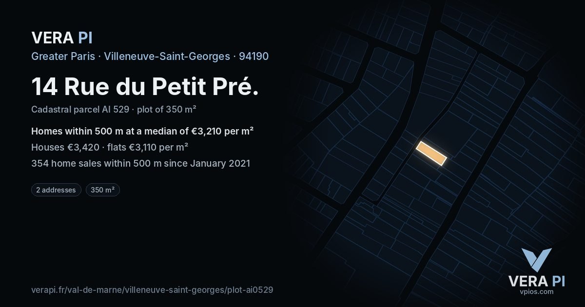 14 Rue du Petit Pré, Villeneuve-Saint-Georges at night – the plot lit, the parcels around coloured by the prices near them