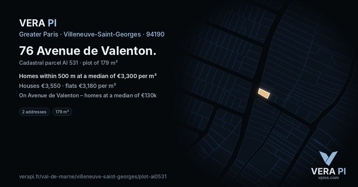76 Avenue de Valenton, Villeneuve-Saint-Georges at night – the plot lit, the parcels around coloured by the prices near them