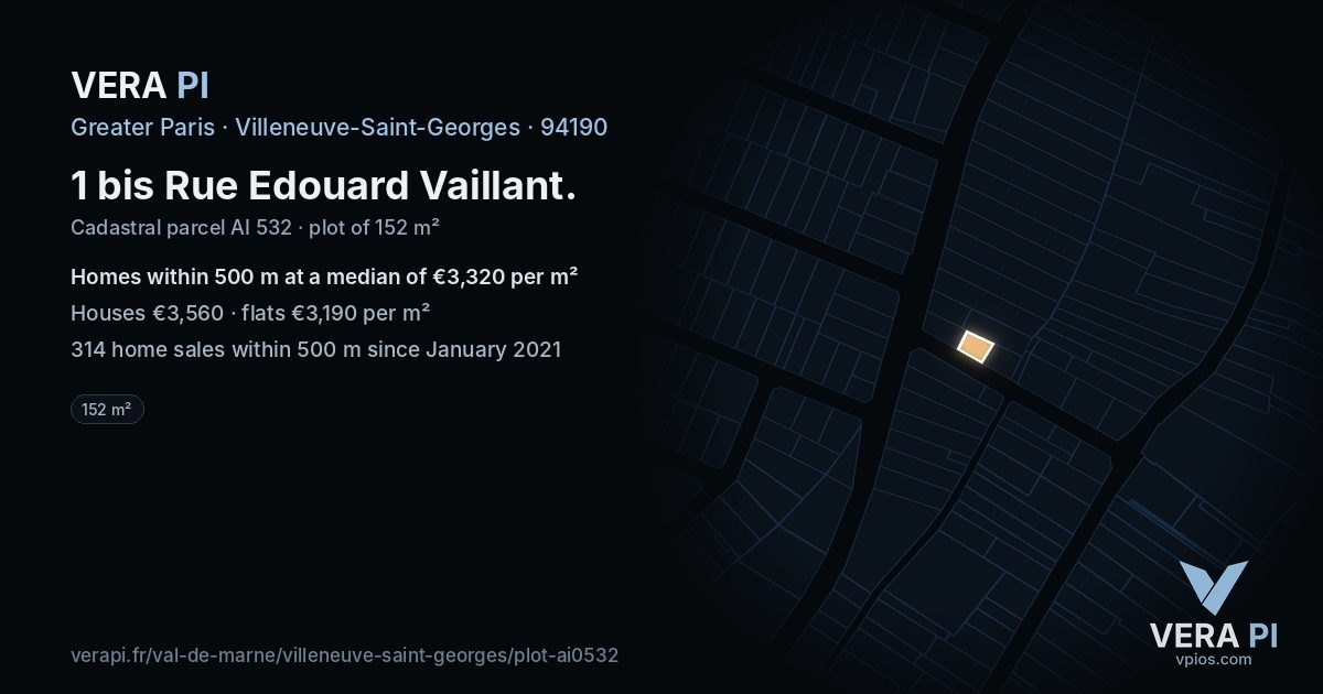 1 bis Rue Edouard Vaillant, Villeneuve-Saint-Georges at night – the plot lit, the parcels around coloured by the prices near them