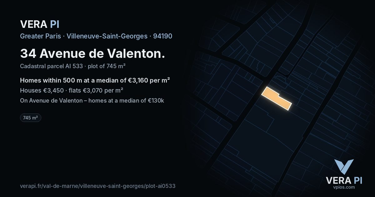 34 Avenue de Valenton, Villeneuve-Saint-Georges at night – the plot lit, the parcels around coloured by the prices near them