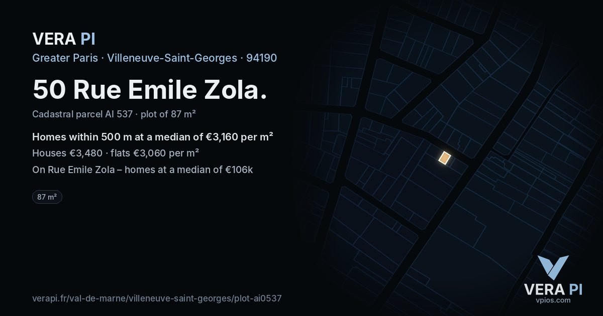 50 Rue Emile Zola, Villeneuve-Saint-Georges at night – the plot lit, the parcels around coloured by the prices near them