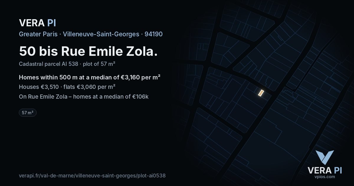50 bis Rue Emile Zola, Villeneuve-Saint-Georges at night – the plot lit, the parcels around coloured by the prices near them