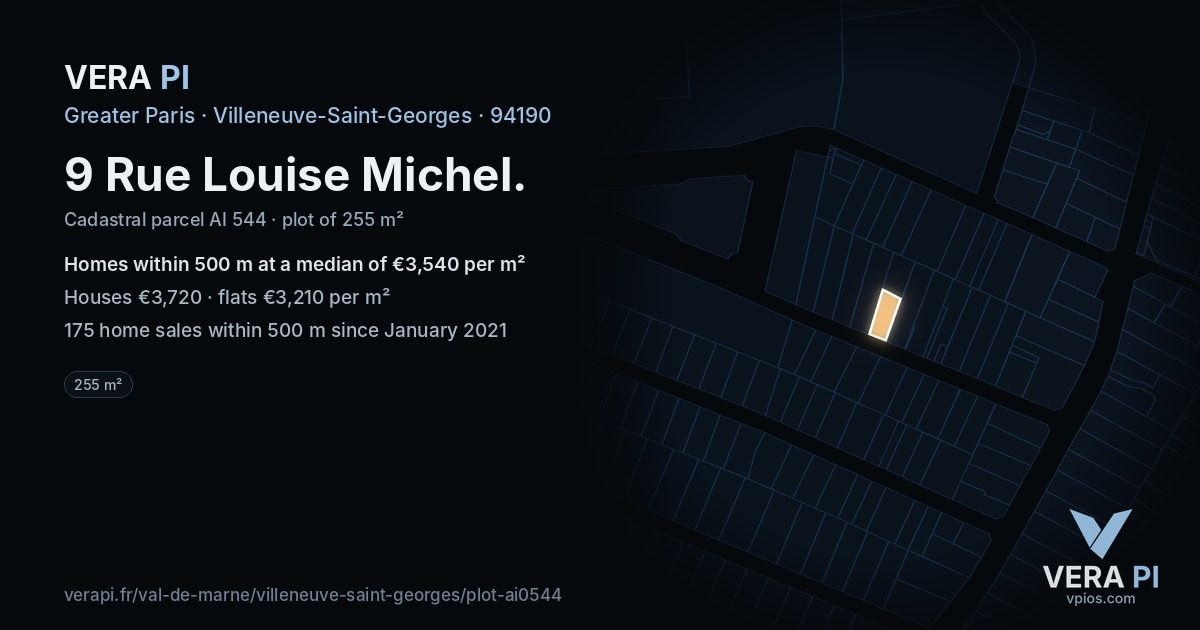 9 Rue Louise Michel, Villeneuve-Saint-Georges at night – the plot lit, the parcels around coloured by the prices near them
