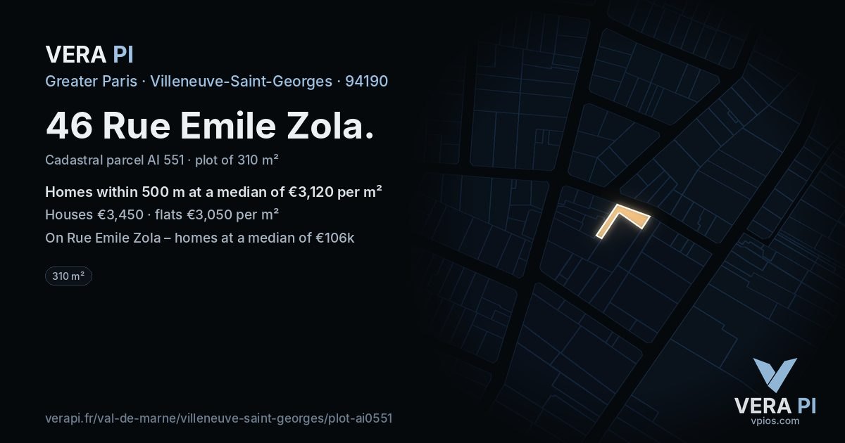 46 Rue Emile Zola, Villeneuve-Saint-Georges at night – the plot lit, the parcels around coloured by the prices near them