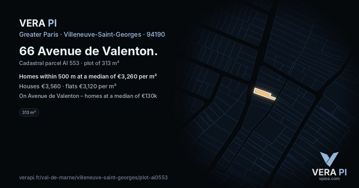 66 Avenue de Valenton, Villeneuve-Saint-Georges at night – the plot lit, the parcels around coloured by the prices near them