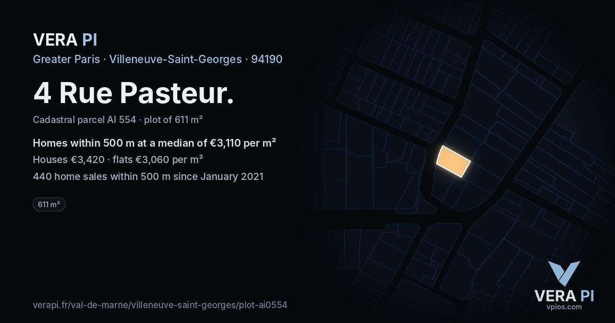 4 Rue Pasteur, Villeneuve-Saint-Georges at night – the plot lit, the parcels around coloured by the prices near them