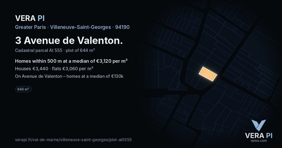 3 Avenue de Valenton, Villeneuve-Saint-Georges at night – the plot lit, the parcels around coloured by the prices near them