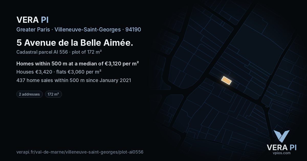 5 Avenue de la Belle Aimée, Villeneuve-Saint-Georges at night – the plot lit, the parcels around coloured by the prices near them